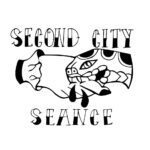 In the traditional american tattoo style, a snake bites a hand, with the words second city seance behind them