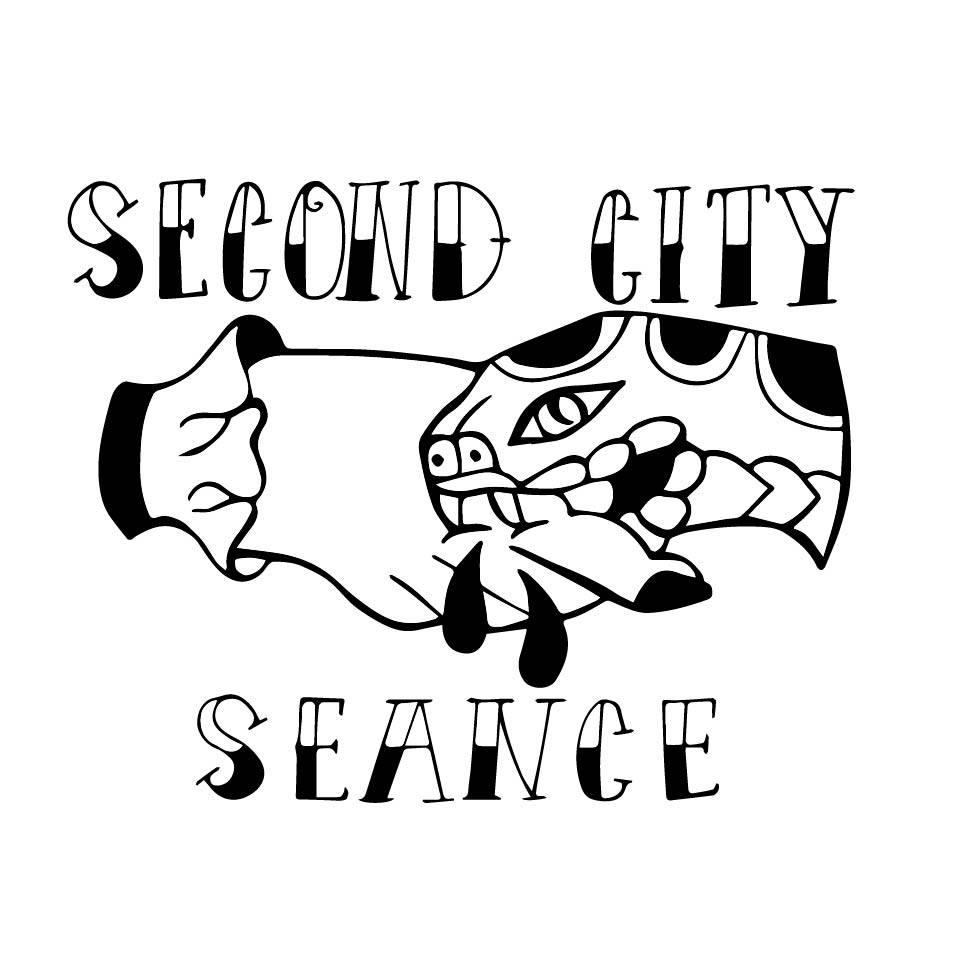 In the traditional american tattoo style, a snake bites a hand, with the words second city seance behind them