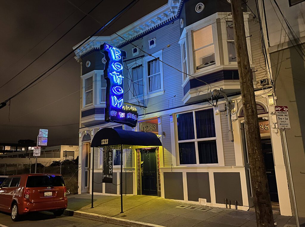 Bottom of the Hill music venue at night.